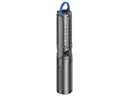 Unterwasserpumpe von Grundfos mit einem robusten, zylindrischen Design und einem blauen Anschluss. Das Produkt eignet sich für den Einsatz in Brunnen.